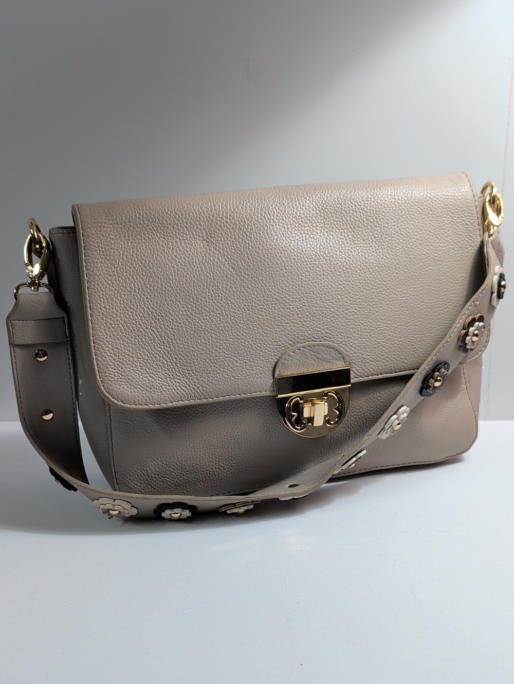 Emma Fox Taupe Pebbled Leather Flap Shoulder Bag